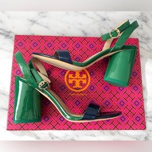 Tory Burch Two Tone Navy Sea Emerald Stone patent leather Elizabeth sandal 6.5